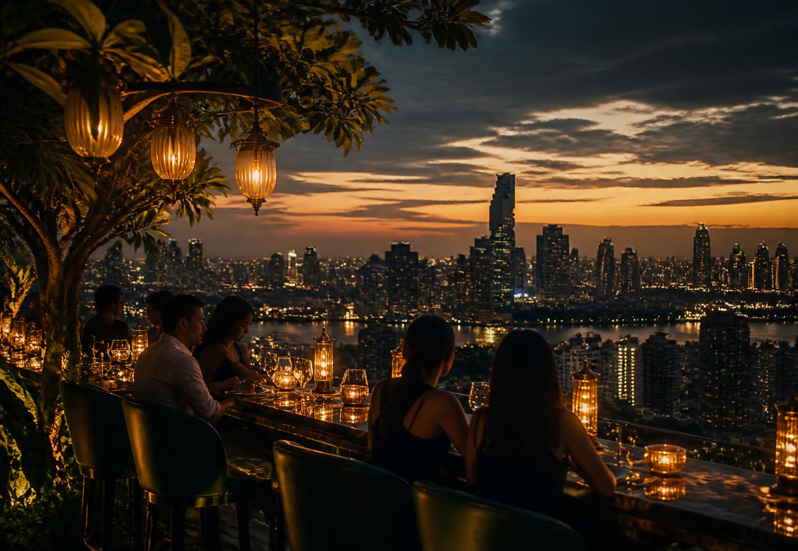A Bangkok rooftop at dusk above the city skyline