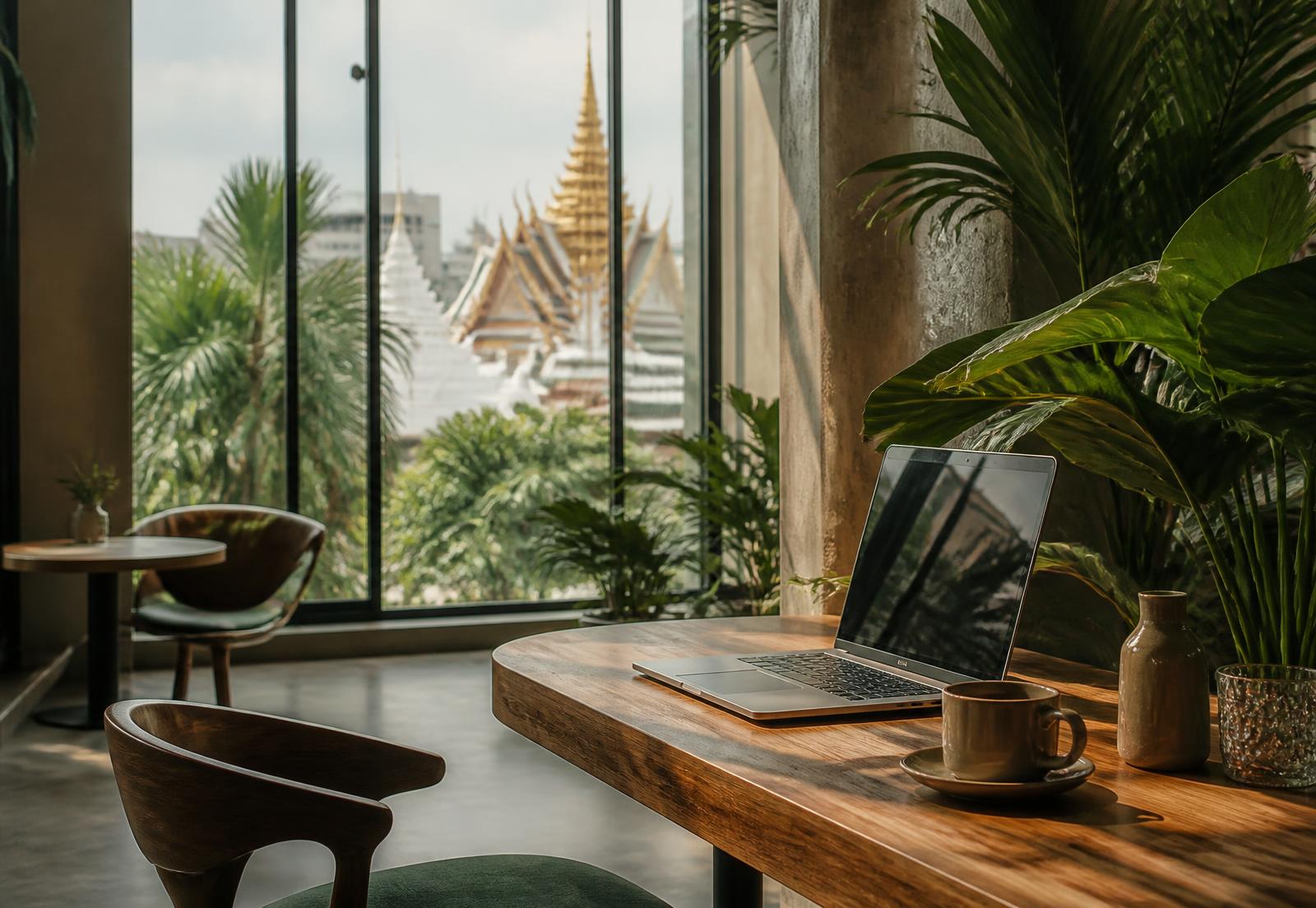A sunlit Bangkok café workspace