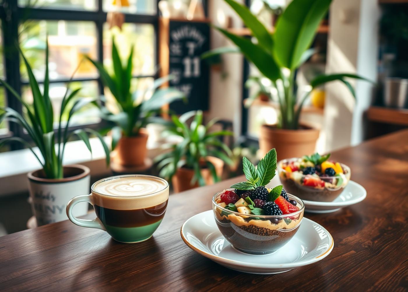 Healthy café counter with specialty coffee and fresh bowls