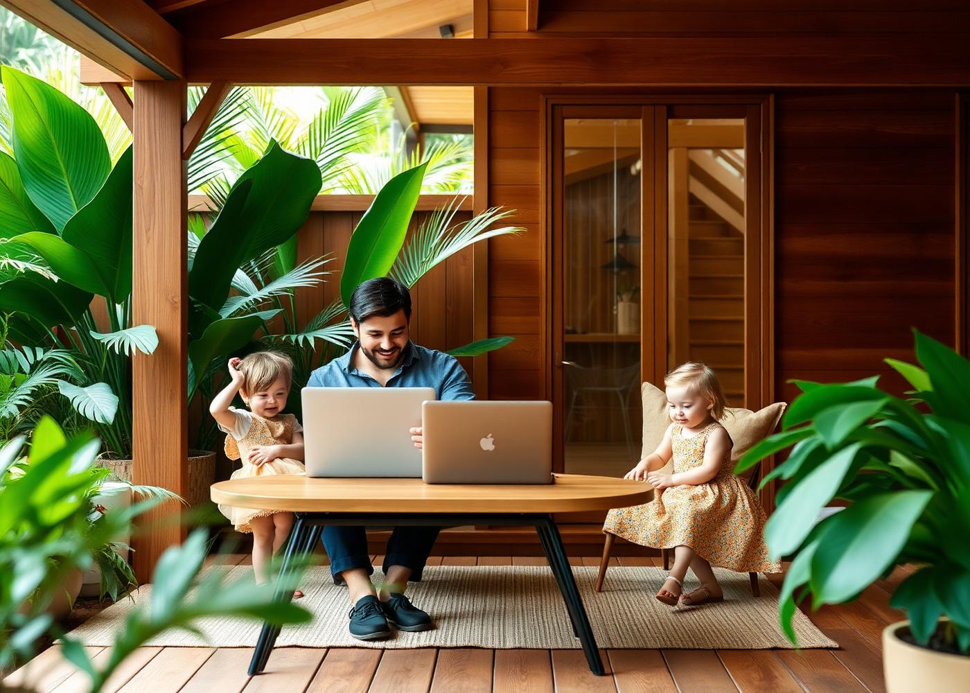 A parent working on a laptop while children play in a tropical garden workspace