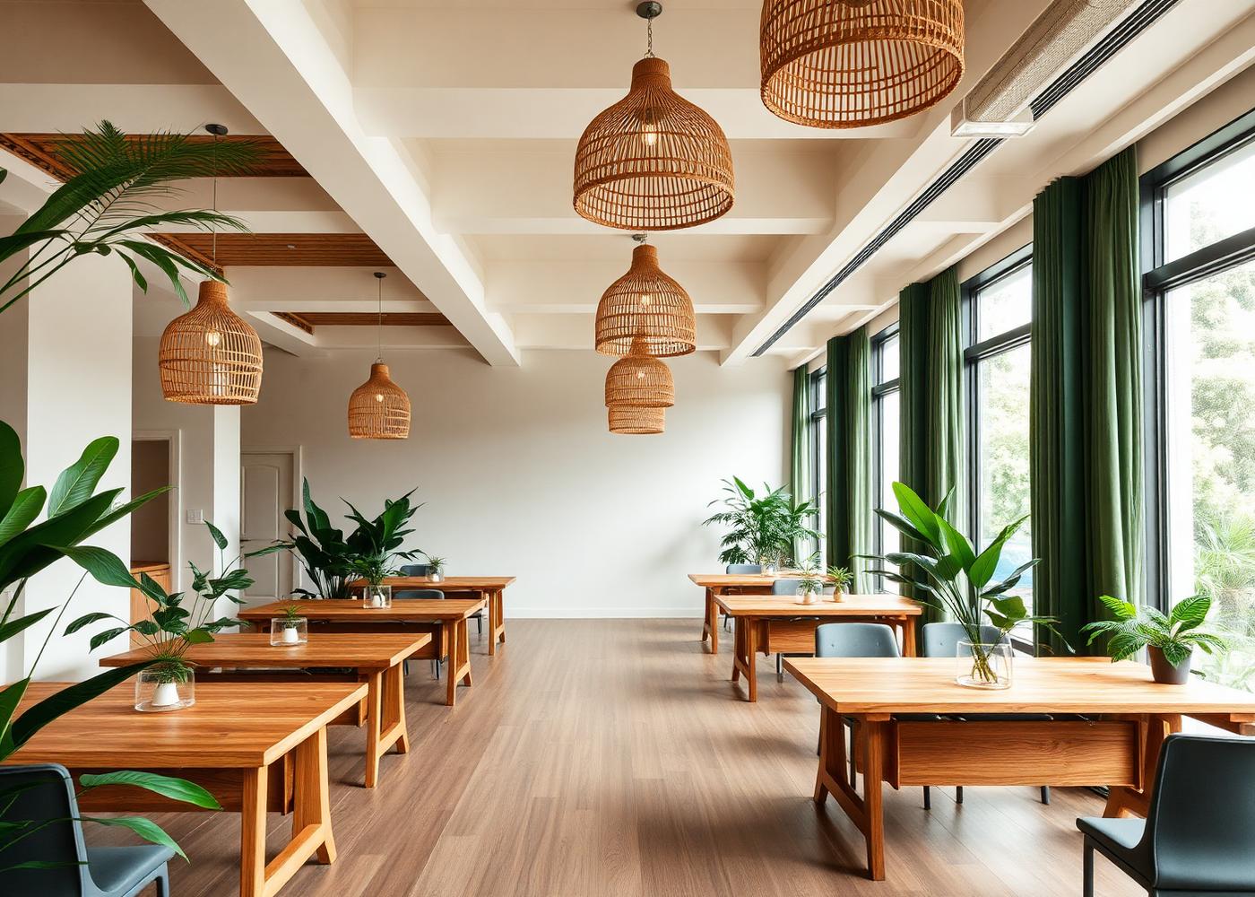 Premium tropical coworking interior with teak desks and rattan lighting